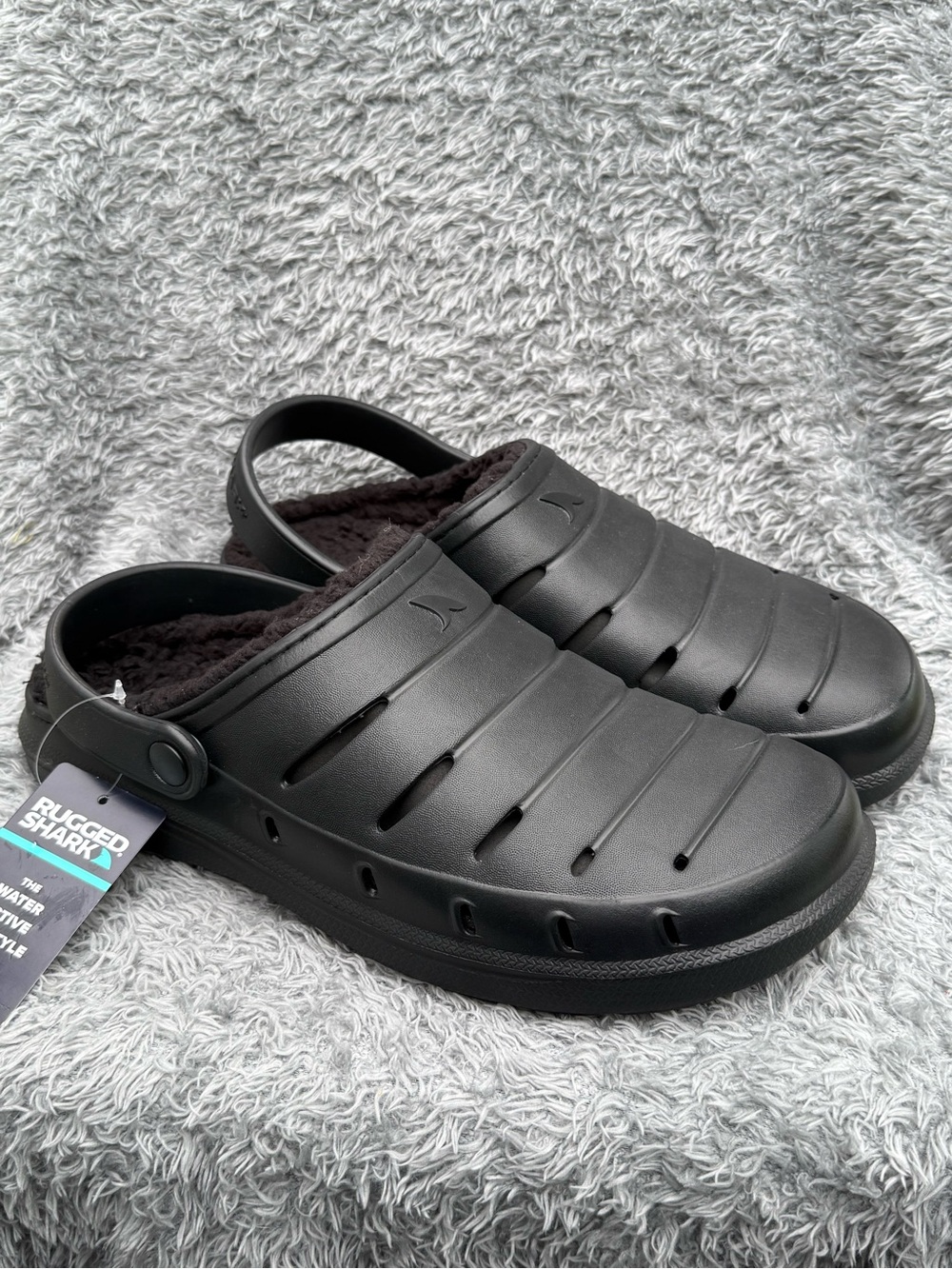 Rugged Shark Men's 11 Black Foam Slip-On‎ Clog Faux Fur New